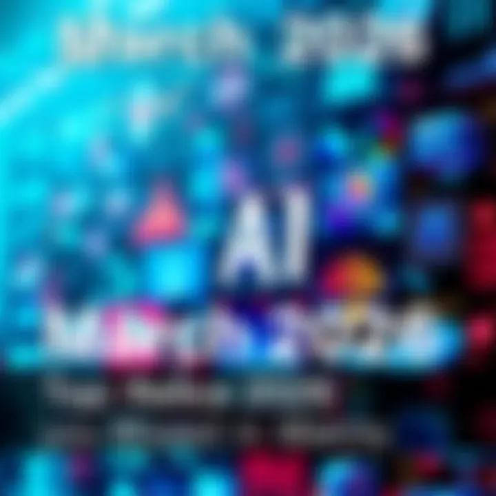 A collage of AI tools including video, audio, and image processing visual elements with a background showing dynamic technology patterns