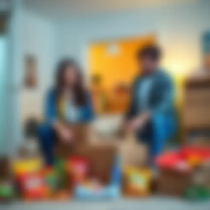 Marina unpacking boxes while Steve organizes the space, surrounded by snacks