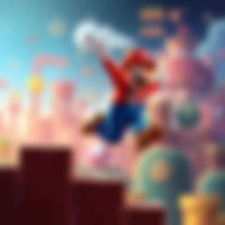 Mario-inspired life journey A person dressed as Mario jumping over obstacles, symbolizing personal growth and confidence, with a vibrant background of a gaming world.