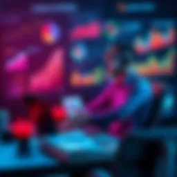A marketer sits at a desk with a laptop, analyzing advertising data influenced by AI tools, surrounded by charts and graphs