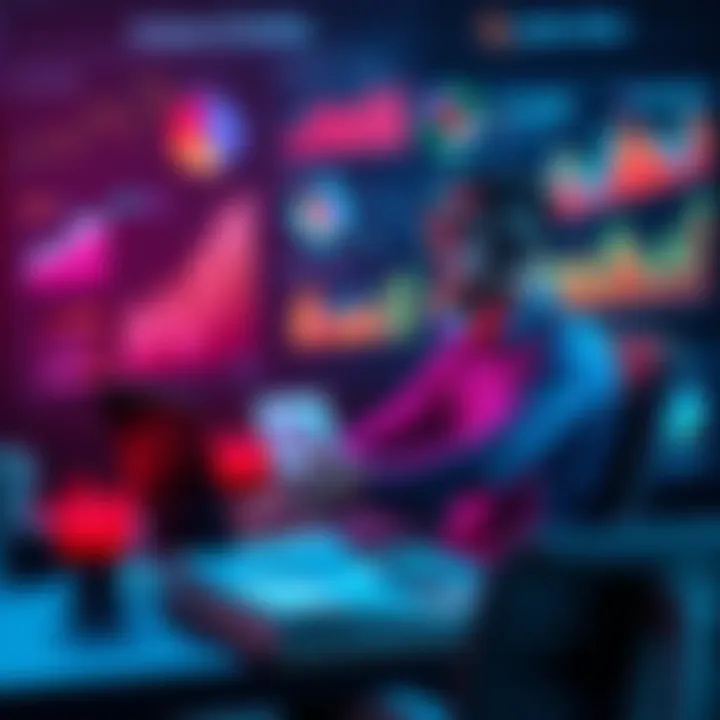 A marketer sits at a desk with a laptop, analyzing advertising data influenced by AI tools, surrounded by charts and graphs