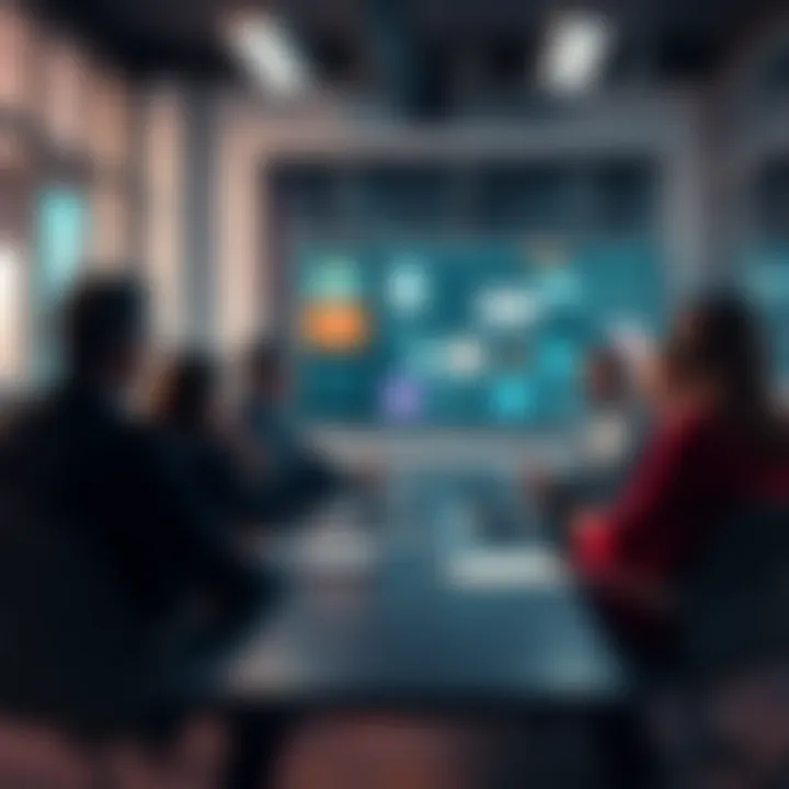 A group of marketing professionals sharing ideas about the creativity of AI-generated advertisements in a meeting room