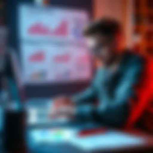 A game developer analyzing marketing costs with charts and graphs on a laptop