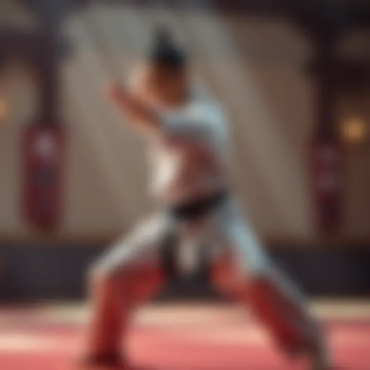 A martial artist practices movements in a dojo, demonstrating skills without AI technology, focusing on discipline and technique.