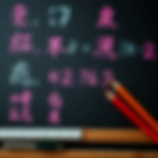 A close-up view of mathematical equations written in Chinese characters on a chalkboard, with pens and rulers beside it.