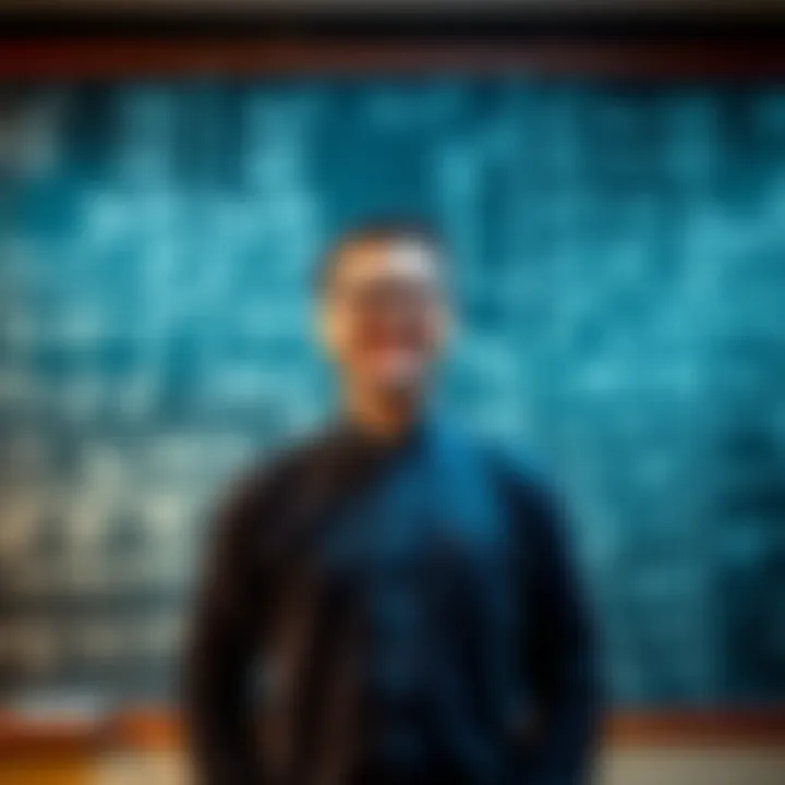 A mathematician smiles while standing in front of a blackboard filled with complex equations, symbolizing a major breakthrough in mathematics.