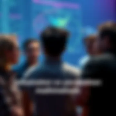 A group of mathematicians gathered, looking concerned while discussing the impact of AI on their field.