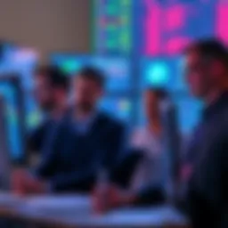Group of mathematicians analyzing charts and data on screens with concerned expressions, symbolizing the impact of OpenAI's new release.