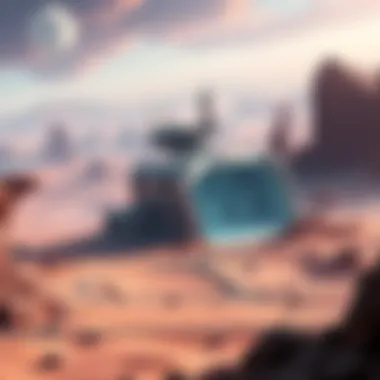 A view of a futuristic matter conversion facility with advanced technology on a distant planet, surrounded by alien landscapes.