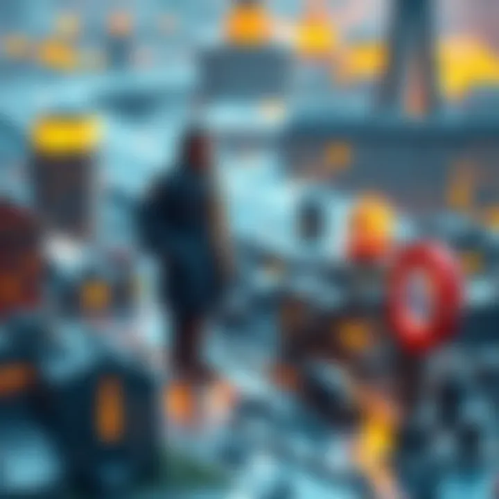A mayor stands with miniature humans, planning a city with buildings and resources, symbolizing hope for a new civilization.