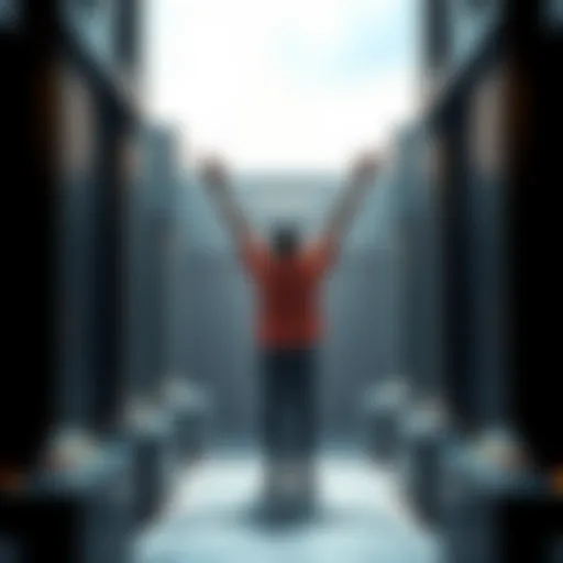 A person stands with arms raised in triumph after completing a maze challenge, surrounded by a maze-like structure