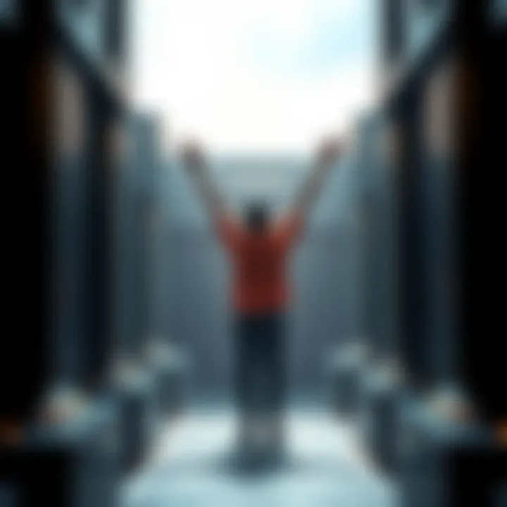 A person stands with arms raised in triumph after completing a maze challenge, surrounded by a maze-like structure