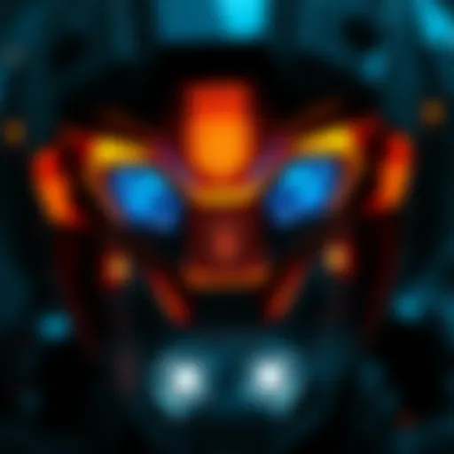 A detailed view of a mech headlight showing selected faces illuminated, with animation effects toggling the lights on and off.