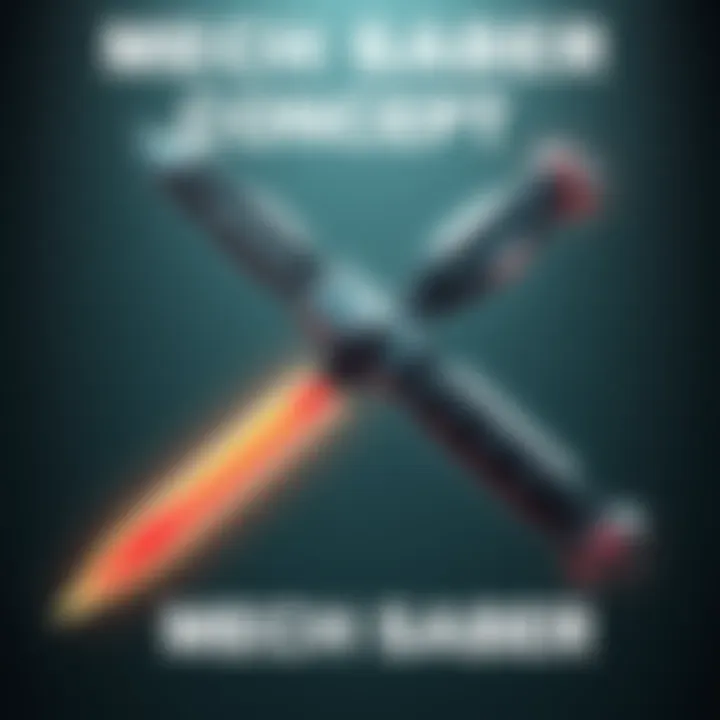 A futuristic weapon design, the Mech Saber, featuring a sharp blade, toggle switch, and grip safety, inspired by Battle Bots.