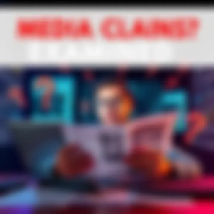 Media Claims Examined A person reading a news article on a laptop, looking skeptical while surrounded by question marks and headlines.