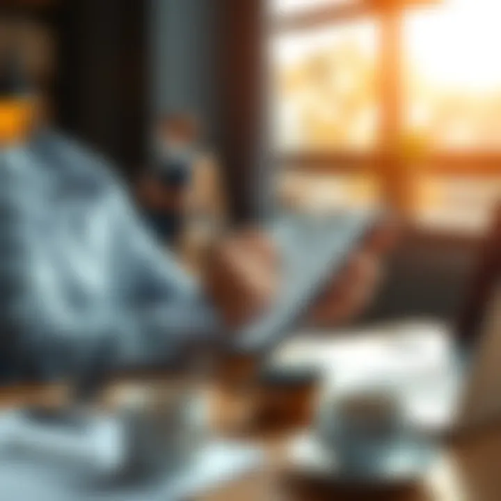 A professional holding a notepad and pen, brainstorming ideas for a media pitch while sitting at a table with a laptop and coffee.