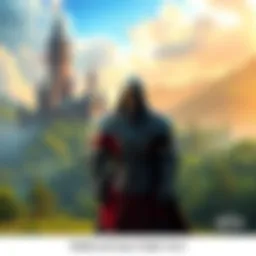 A character in medieval armor stands in a vibrant, detailed landscape, showcasing lush forests and castles.