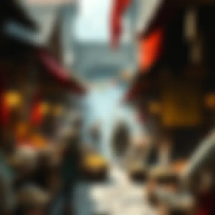 A player trading goods in a medieval market, surrounded by merchants and bustling townsfolk.