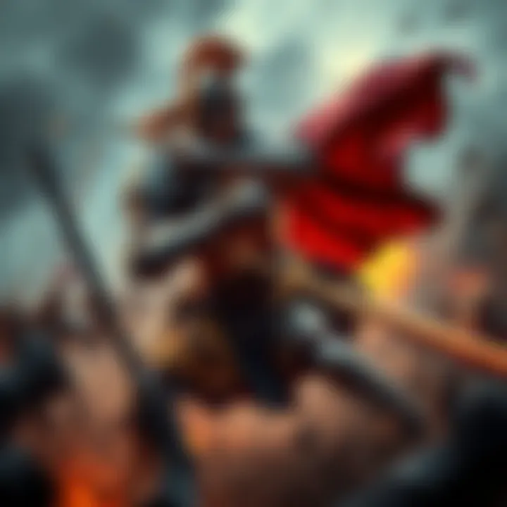 A soldier in medieval armor fighting with a sword on a battlefield, surrounded by chaos and action.