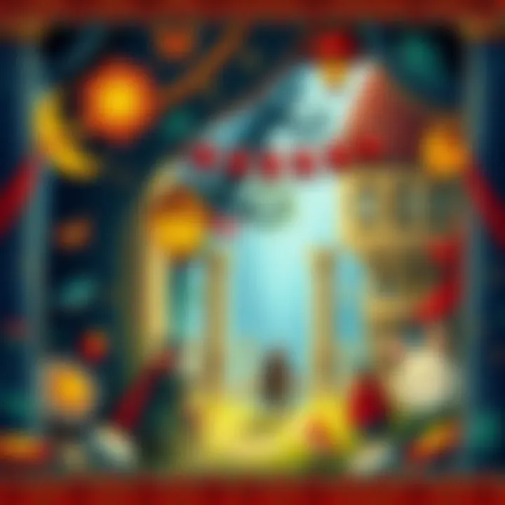 Colorful medieval tapestry art style influences the design of a fantasy game scene with whimsical characters and details.