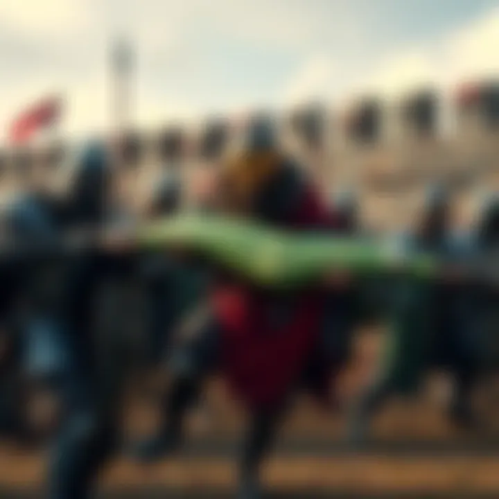 A group of medieval warriors using a large green RAM stick as a battering ram to attack a castle wall.