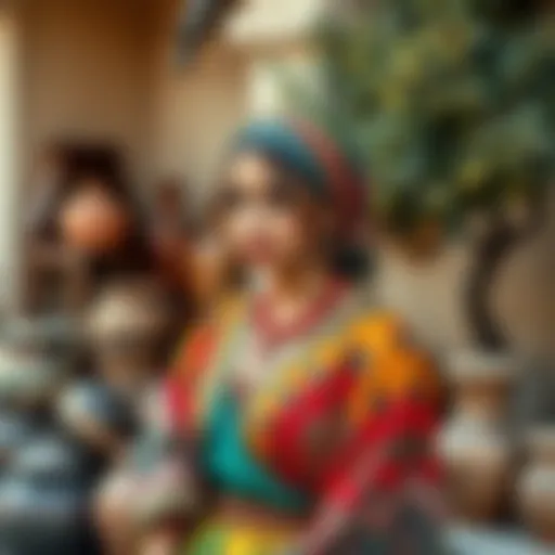A Mediterranean lady elegantly dressed in vibrant attire, surrounded by cultural elements like pottery and olive trees, showcasing her lifestyle