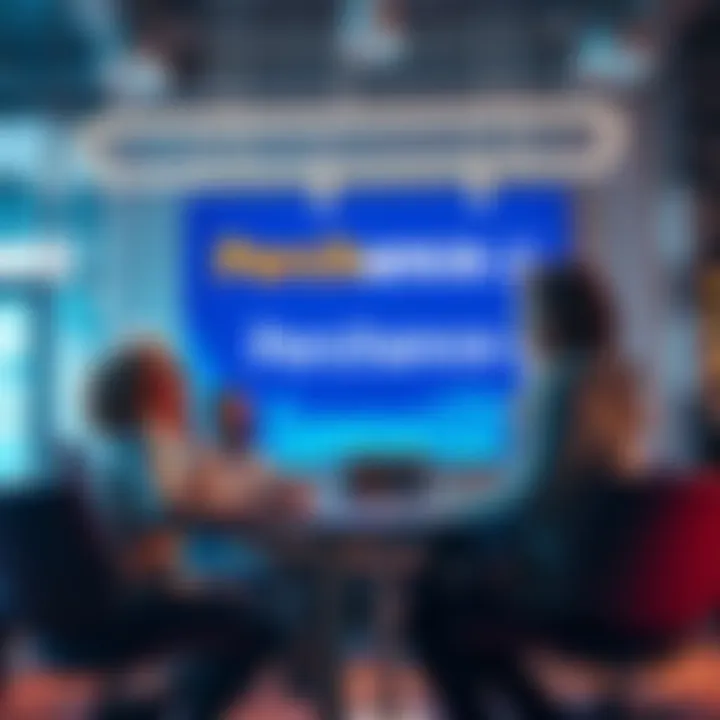 A group of people discussing and interacting with the AI engine Perchance.ai in a modern setting.
