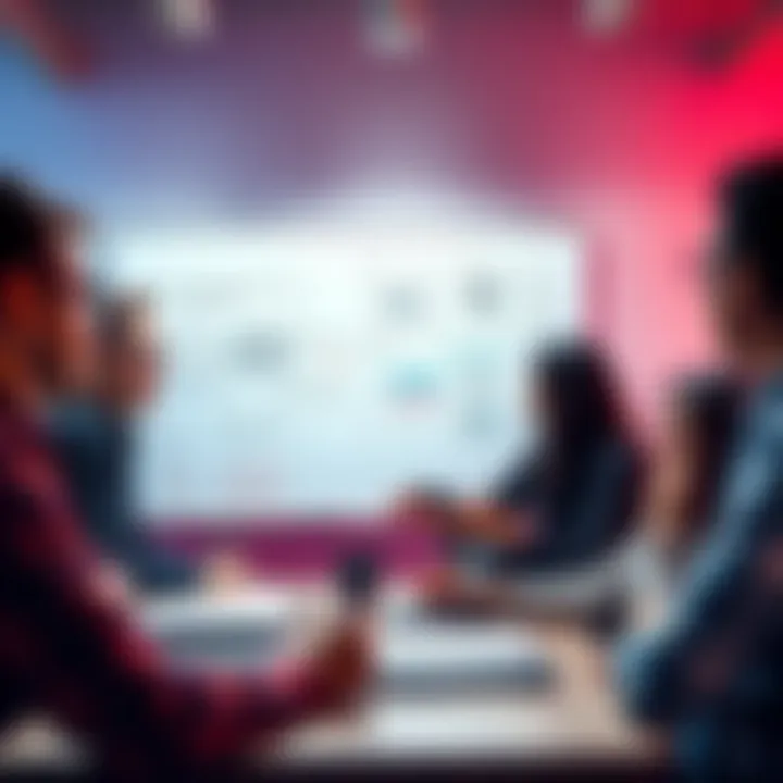 A group of people discussing project ideas with an AI developer, featuring diagrams and notes on a whiteboard