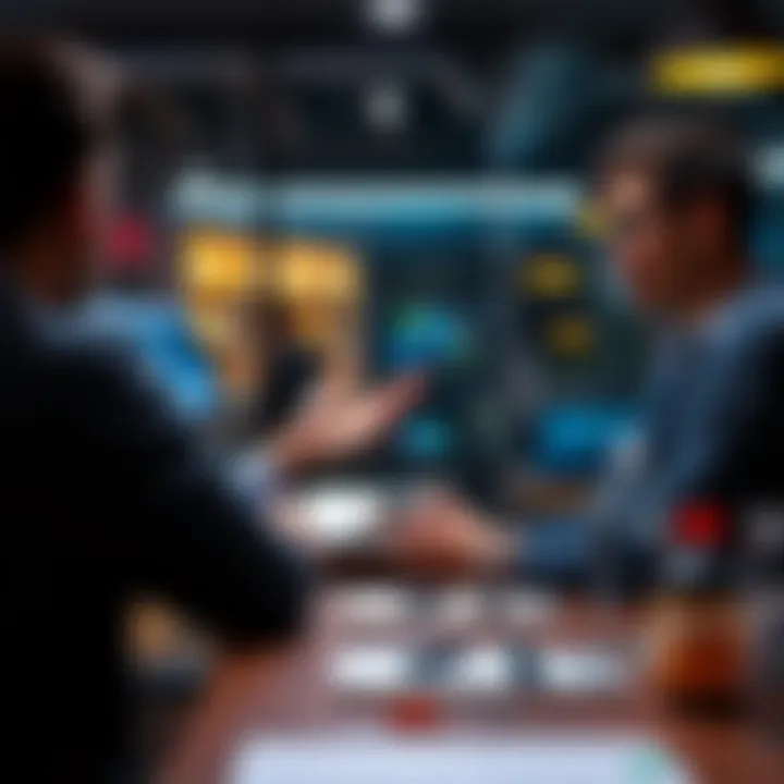 A person presenting a game concept to a publisher during a casual meeting.