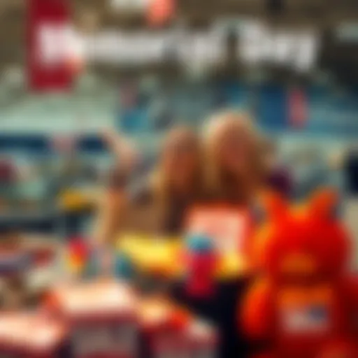 A shopper excitedly looking at sale items on a table filled with discounted products for Memorial Day