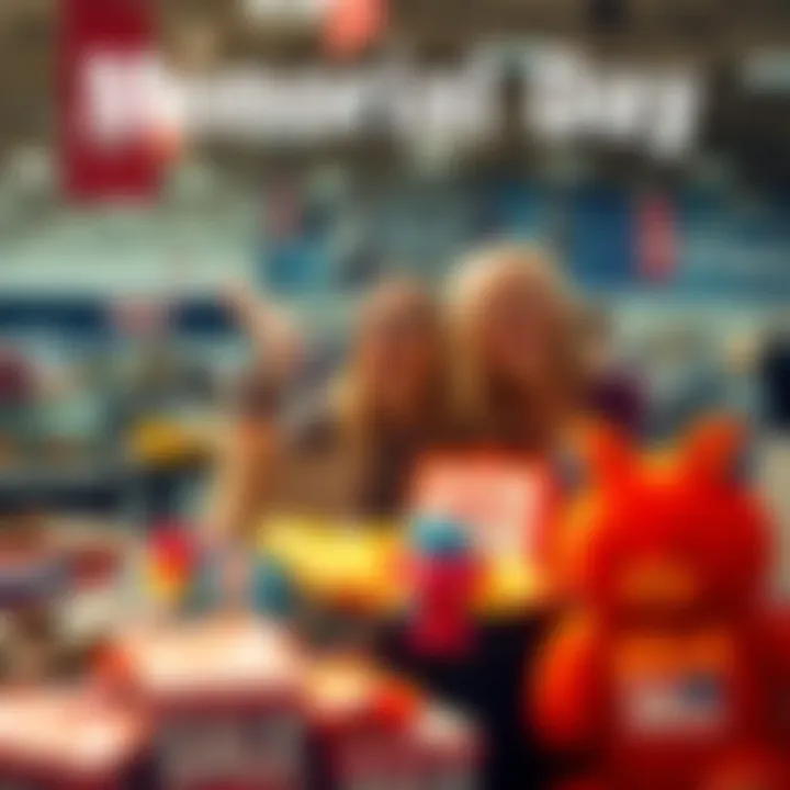 A shopper excitedly looking at sale items on a table filled with discounted products for Memorial Day