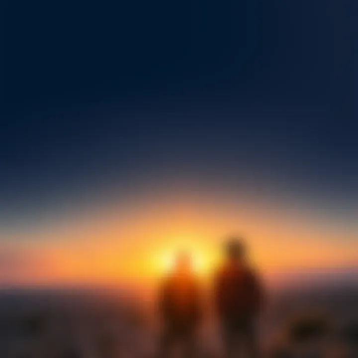 Two men stand together, gazing at a sunset over a barren landscape, reflecting on lost dreams and hope.