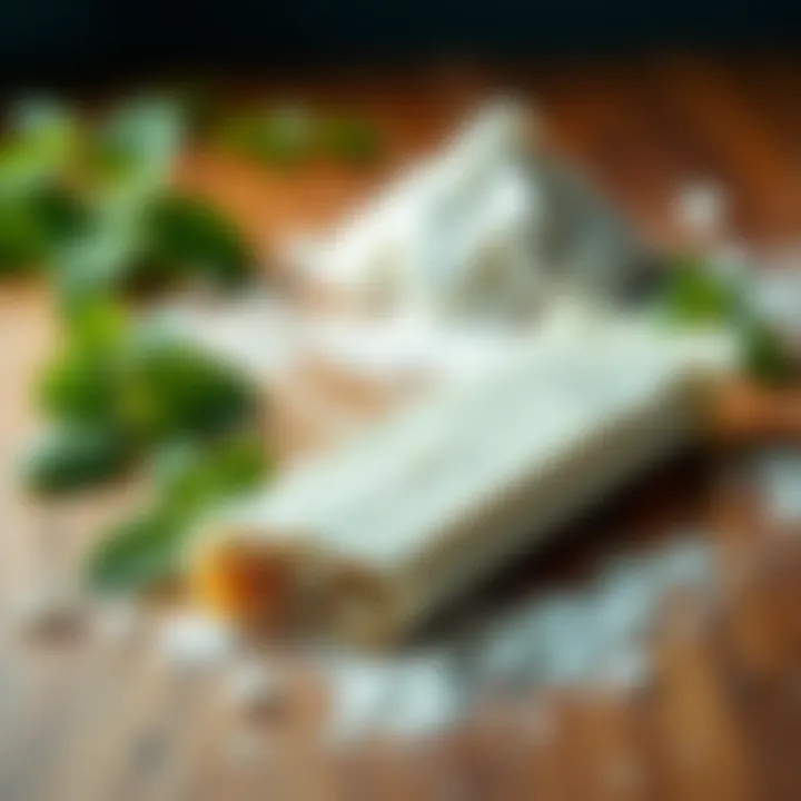 A close-up of a menthol protein bar on a wooden table with fresh mint leaves and protein powder around it.