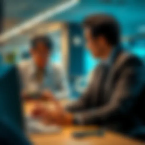 An experienced employee sharing knowledge with a younger colleague in an office setting