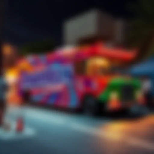 A colorful Mentos truck parked at an event, with people enjoying treats around it.