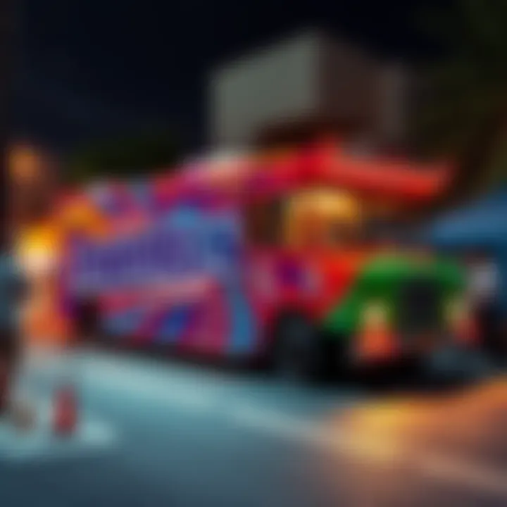 A colorful Mentos truck parked at an event, with people enjoying treats around it.