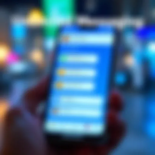 A smartphone screen displaying a messaging app with various chat options and icons representing unlimited messaging features.