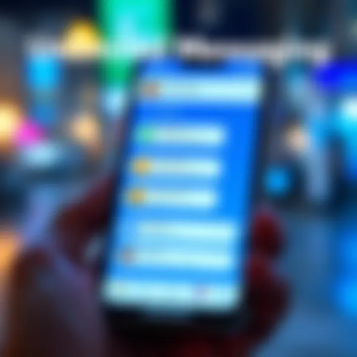 A smartphone screen displaying a messaging app with various chat options and icons representing unlimited messaging features.