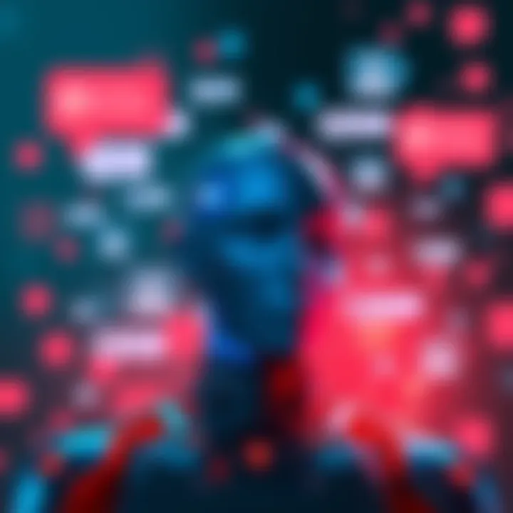 A digital representation of a social media profile with animated interactions, symbolizing posthumous activity, featuring chat bubbles and past posts.