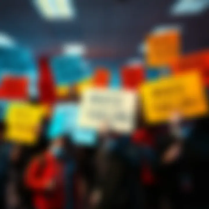 Meta employees gather to protest mouse-tracking technology in a company office, holding signs expressing privacy concerns.
