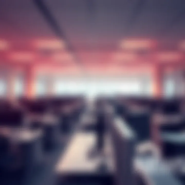 An office space with empty desks and computers, symbolizing job layoffs at Meta.