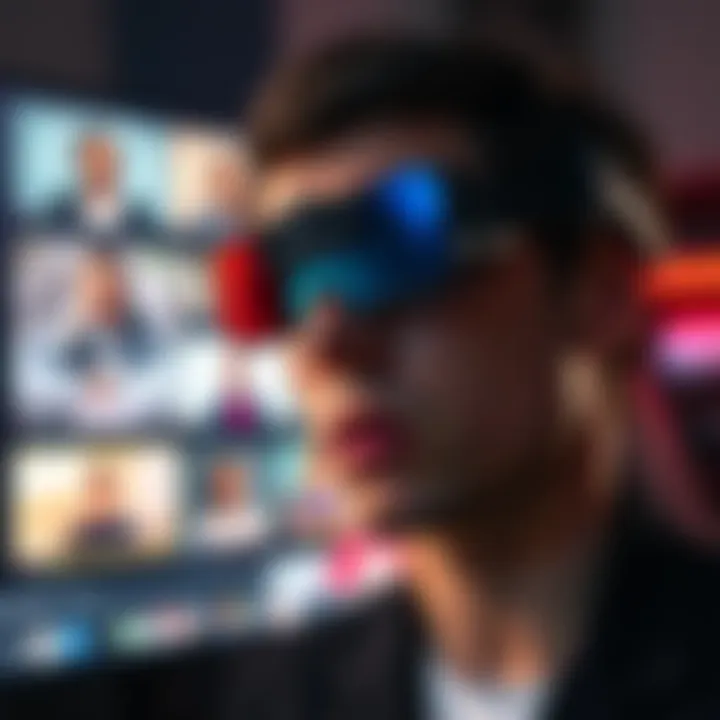 Person wearing Meta AI glasses, with a concerned expression, as videos are sent to moderators on a screen in the background.
