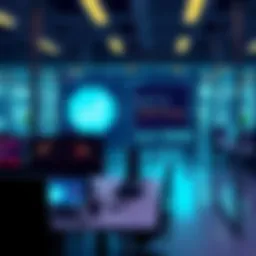 Illustration of a corporate office scene with a digital screen showing AI algorithms analyzing employee data, highlighting laid-off workers on leave.