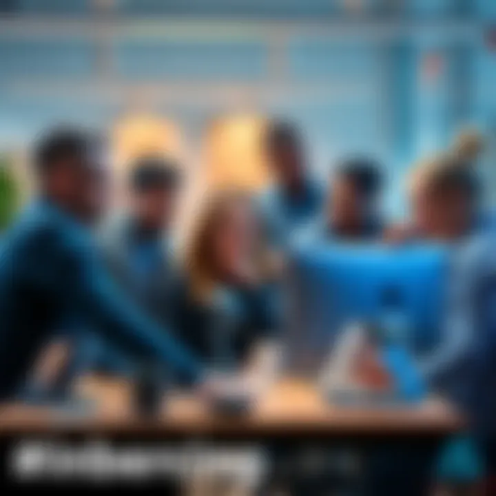 A diverse group of Meta employees collaborating around a computer, discussing AI tools and their impact on work culture.