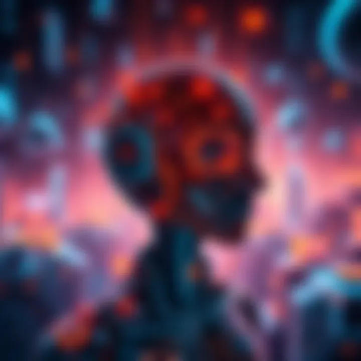 A futuristic representation of artificial intelligence with digital elements symbolizing technology and innovation, contrasting with faded images of a metaverse environment.