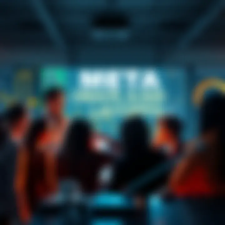A group of concerned employees reading about layoffs at Meta on a digital screen