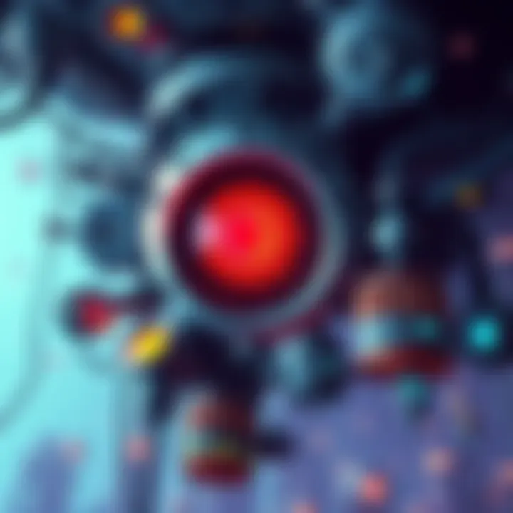 Metroidvania Game Prototype A ceiling eye controlling machines in a vibrant game world, with players solving challenges and upgrading abilities.
