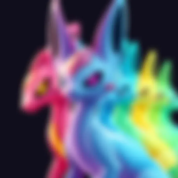A vibrant illustration of Mewtwo depicted in seven different colors, showcasing artistic skill and creativity.