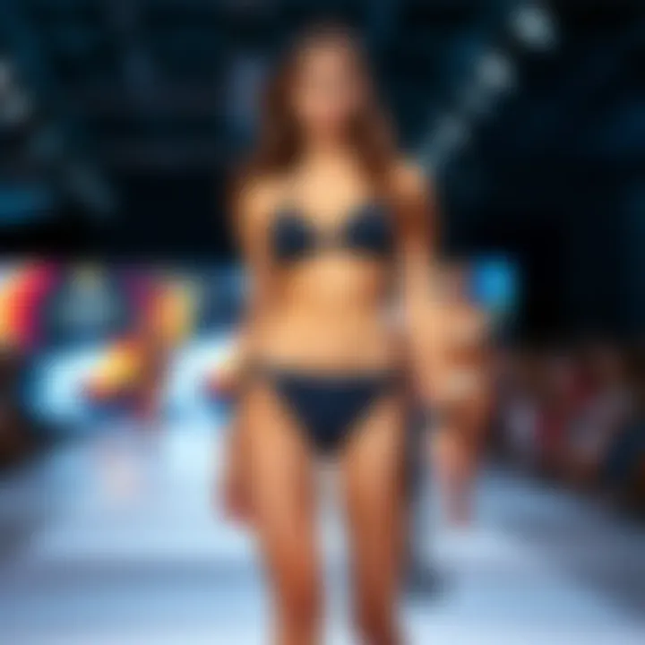 A model walks the runway in a bold micro bikini, showcasing a daring design at the fashion show.