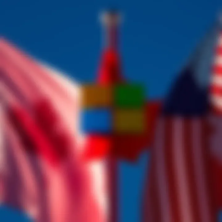 Microsoft logo displayed between the Canadian and U.S. flags, symbolizing the debate on data sovereignty.